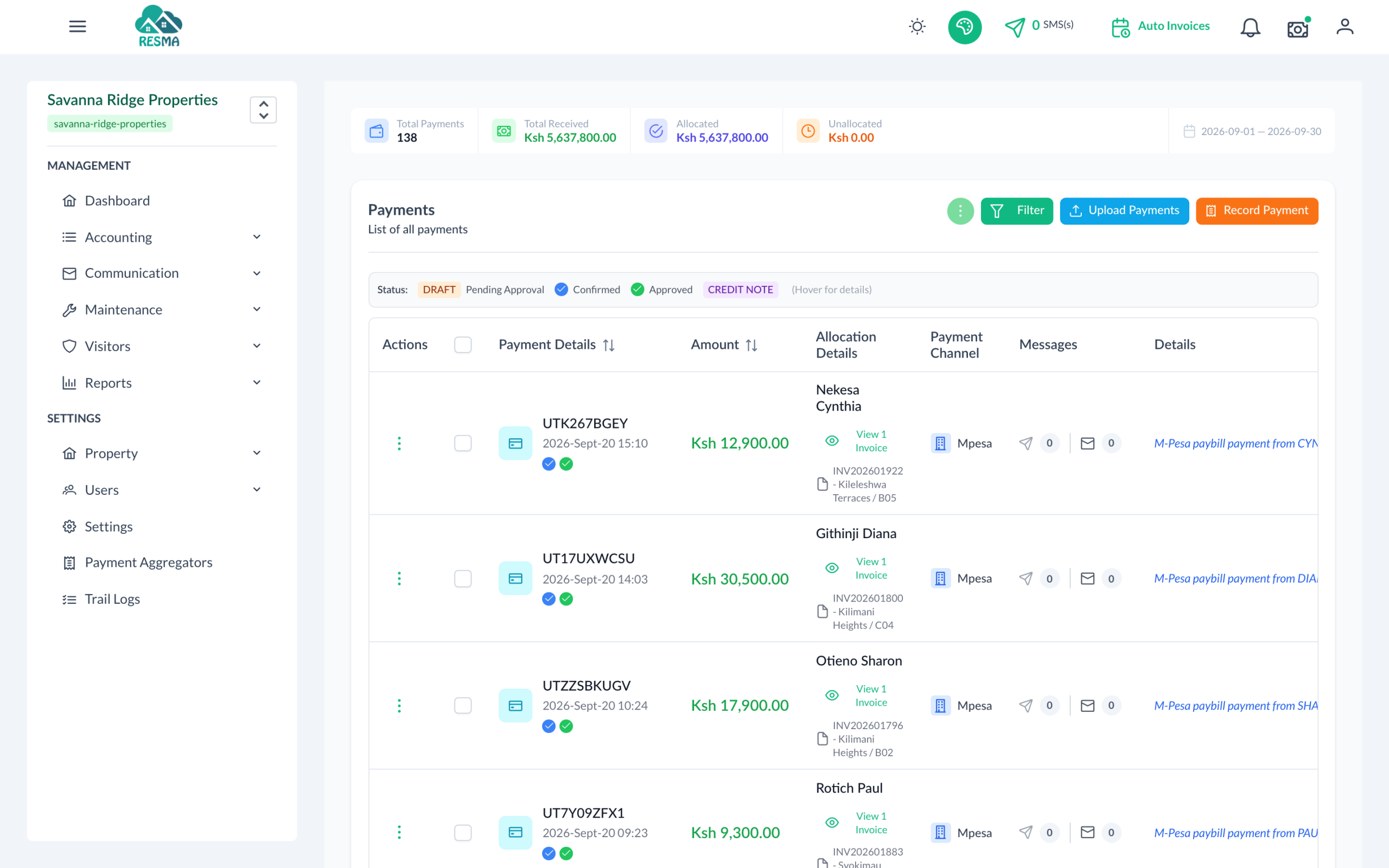 Payments reconciled automatically from M-Pesa and banks